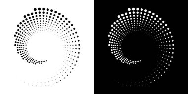 Noktalı dairesel logo. Beyaz arka planda izole edilmiş dairesel eşmerkezli noktalar. Yarı renkte kumaş tasarımı. Yarım tonluk daire dokuyu noktalar. Çeşitli amaçlar için vektör tasarımı ögesi.