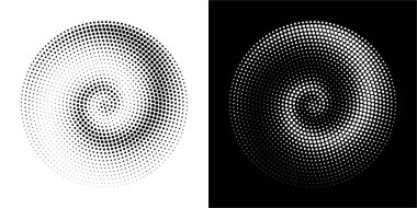 Noktalı dairesel logo. Beyaz arka planda izole edilmiş dairesel eşmerkezli noktalar. Yarı renkte kumaş tasarımı. Yarım tonluk daire dokuyu noktalar. Çeşitli amaçlar için vektör tasarımı ögesi.