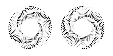 Noktalı dairesel logo. Beyaz arka planda izole edilmiş dairesel eşmerkezli noktalar. Yarı renkte kumaş tasarımı. Yarım tonluk daire dokuyu noktalar. Çeşitli amaçlar için vektör tasarımı ögesi.