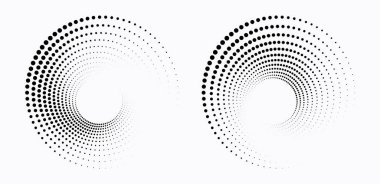 Noktalı dairesel logo. Beyaz arka planda izole edilmiş dairesel eşmerkezli noktalar. Yarı renkte kumaş tasarımı. Yarım tonluk daire dokuyu noktalar. Çeşitli amaçlar için vektör tasarımı ögesi.