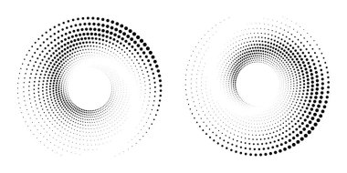 Noktalı dairesel logo. Beyaz arka planda izole edilmiş dairesel eşmerkezli noktalar. Yarı renkte kumaş tasarımı. Yarım tonluk daire dokuyu noktalar. Çeşitli amaçlar için vektör tasarımı ögesi.