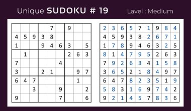 Vector design of sudoku puzzle game with answer. Medium level 9  9 grid sudoku logic game. clipart