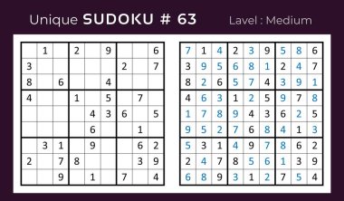 Vector design of sudoku puzzle game with answer. Medium level 9x9 grid sudoku logic game. clipart