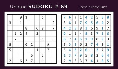 Vector design of sudoku puzzle game with answer. Medium level 9x9 grid sudoku logic game. clipart