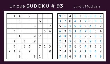 Vector design of sudoku puzzle game with answer. Medium level 9x9 grid sudoku logic game. clipart