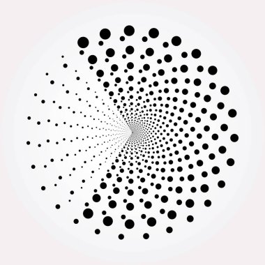Noktalı dairesel logo. Beyaz arka planda izole edilmiş dairesel eşmerkezli noktalar. Yarı renkte kumaş tasarımı. Yarım tonluk daire dokuyu noktalar. Çeşitli amaçlar için vektör tasarımı ögesi.