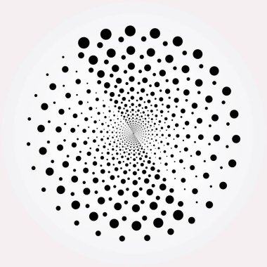 Noktalı dairesel logo. Beyaz arka planda izole edilmiş dairesel eşmerkezli noktalar. Yarı renkte kumaş tasarımı. Yarım tonluk daire dokuyu noktalar. Çeşitli amaçlar için vektör tasarımı ögesi.
