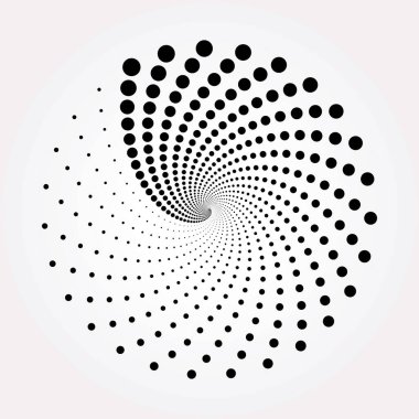 Noktalı dairesel logo. Beyaz arka planda izole edilmiş dairesel eşmerkezli noktalar. Yarı renkte kumaş tasarımı. Yarım tonluk daire dokuyu noktalar. Çeşitli amaçlar için vektör tasarımı ögesi.