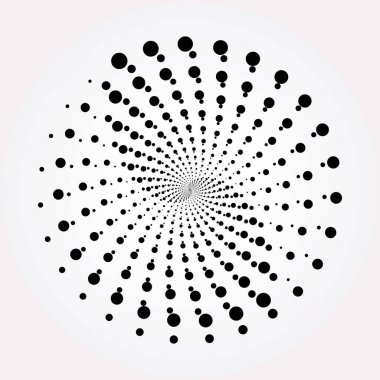 Noktalı dairesel logo. Beyaz arka planda izole edilmiş dairesel eşmerkezli noktalar. Yarı renkte kumaş tasarımı. Yarım tonluk daire dokuyu noktalar. Çeşitli amaçlar için vektör tasarımı ögesi.