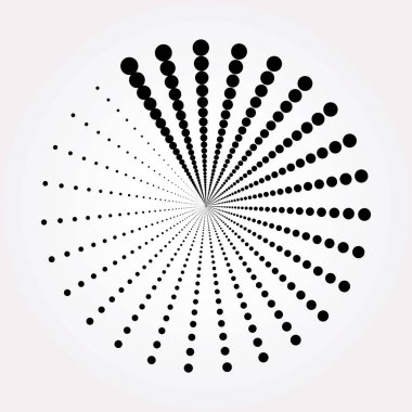 Noktalı dairesel logo. Beyaz arka planda izole edilmiş dairesel eşmerkezli noktalar. Yarı renkte kumaş tasarımı. Yarım tonluk daire dokuyu noktalar. Çeşitli amaçlar için vektör tasarımı ögesi.