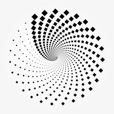 Noktalı dairesel logo. Beyaz arka planda izole edilmiş dairesel eşmerkezli noktalar. Yarı renkte kumaş tasarımı. Yarım tonluk daire dokuyu noktalar. Çeşitli amaçlar için vektör tasarımı ögesi.