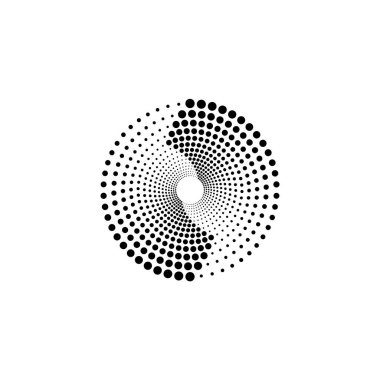 Noktalı dairesel logo. Beyaz arka planda izole edilmiş dairesel eşmerkezli noktalar. Yarı renkte kumaş tasarımı. Yarım tonluk daire dokuyu noktalar. Çeşitli amaçlar için vektör tasarımı ögesi.