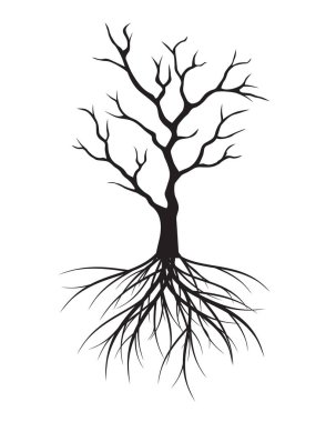 Black Tree with Roots. Vector outline Illustration.