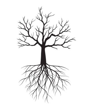 Black Tree with Roots. Vector outline Illustration.