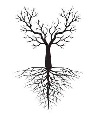 Black Tree with Roots. Vector outline Illustration.