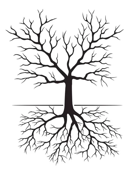 Black Tree with Roots. Vector outline Illustration.