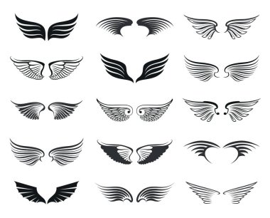 Dosya, logo, dövme veya herhangi bir yere uygulanabilecek ek grafik öğeler için değiştirilebilen bir vektördür. Siyah çizgili kanat kümesi.