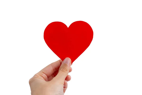 stock image A woman's hand holds a paper red heart in her hands on a white background. The concept of Valentine's Day, Love, Likes. Isolate.