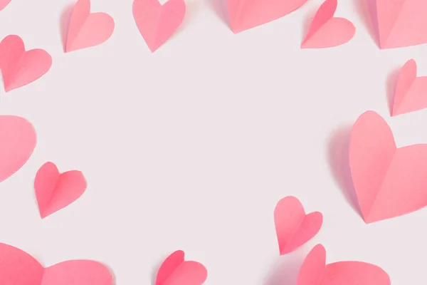 Beyaz Arka Planda Pembe Kalpler Çerçevesi Uzayı Kopyala Kartpostal Sevgililer — Stok fotoğraf