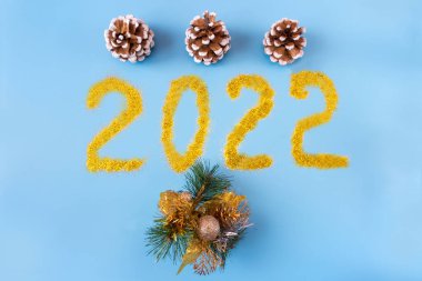 Çam kozalaklı ladin dalı ve mavi arka planda 2022 yazısıyla. Kartpostal Noel ve Yeni Yıl konsepti. Düz yatıyordu. Üst görünüm.