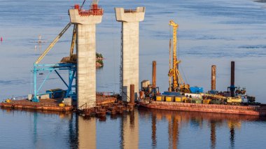 Construction of new bridges across the Dnieper River in Zaporozhye. Ukraine. City landscape.