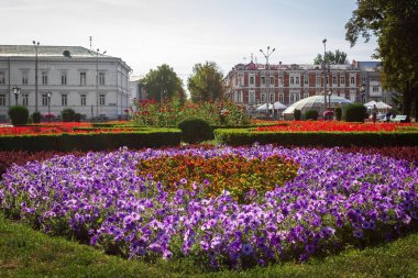 Poltava şehrinin merkezi yuvarlak meydanı. Ukrayna manzarası.