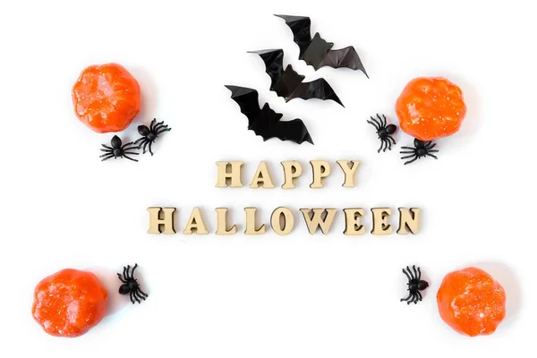 Felirat Boldog Halloweent Simán Fehér Háttérrel Tökfejek Denevérek Pókok Üdülési — Stock Fotó