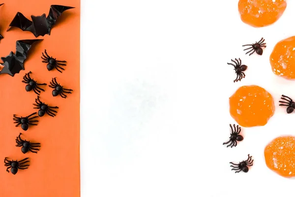 Halloween Semester Flatly Vit Och Orange Badplats Fladdermöss Och Spindlar — Stockfoto