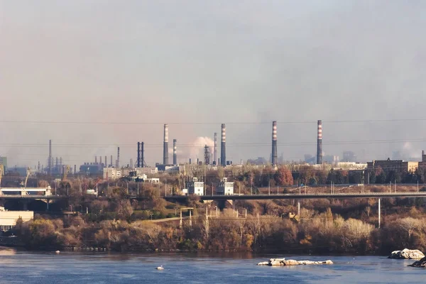 Émissions Industrielles Fumée Provenant Des Cheminées Usine Zaporozhye Ukraine Concept — Photo
