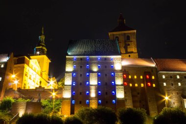 Polonya 'nın Grudziadz şehrinin gece manzarası. Tahıl ambarlarının görüntüsü.