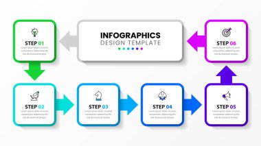 Simgeli ve 6 basamaklı bilgi şablonu. Dikdörtgen. İş akışı düzeni, diyagram, pankart, web tasarımı için kullanılabilir. Vektör illüstrasyonu