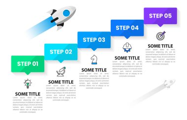 Simgeli bilgi şablonu ve 5 seçenek veya adım. Roket gibi. İş akışı düzeni, diyagram, pankart, web tasarımı için kullanılabilir. Vektör illüstrasyonu