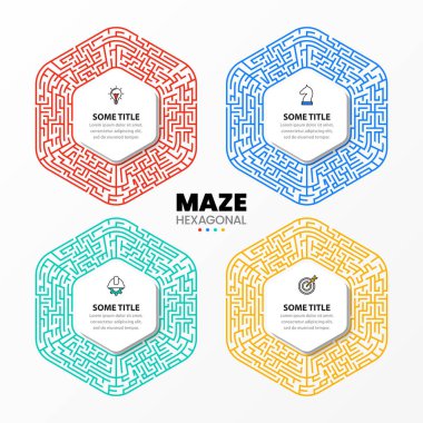 Simgeli bilgi şablonu ve 4 seçenek veya adım. Labirent. İş akışı düzeni, diyagram, pankart, web tasarımı için kullanılabilir. Vektör illüstrasyonu