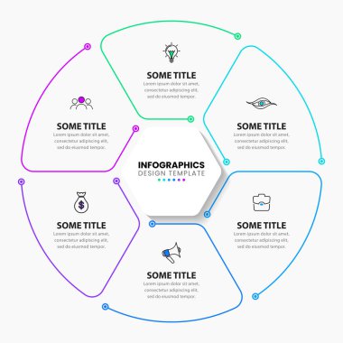 Simgeli ve 6 basamaklı bilgi şablonu. İş akışı düzeni, diyagram, pankart, web tasarımı için kullanılabilir. Vektör illüstrasyonu
