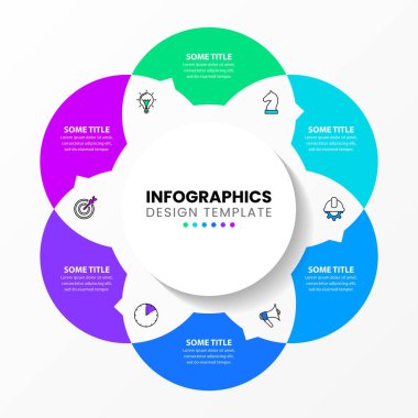 Simgeli ve 6 basamaklı bilgi şablonu. Çember olun. İş akışı düzeni, diyagram, pankart, web tasarımı için kullanılabilir. Vektör illüstrasyonu