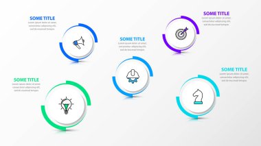 Simgeli bilgi şablonu ve 5 seçenek veya adım. Dişliler. İş akışı düzeni, diyagram, pankart, web tasarımı için kullanılabilir. Vektör illüstrasyonu