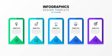 Simgeli bilgi şablonu ve 5 seçenek veya adım. İş akışı düzeni, diyagram, pankart, web tasarımı için kullanılabilir. Vektör illüstrasyonu