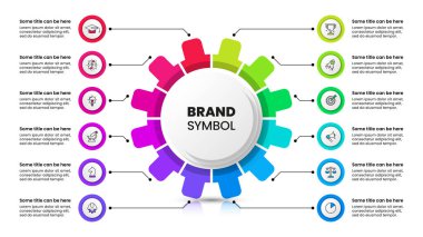 Simgeli bilgi şablonu ve 12 seçenek veya adım. Dişliler. İş akışı düzeni, diyagram, pankart, web tasarımı için kullanılabilir. Vektör illüstrasyonu