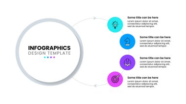 Simgeli bilgi şablonu ve 4 seçenek veya adım. Çember olun. İş akışı düzeni, diyagram, pankart, web tasarımı için kullanılabilir. Vektör illüstrasyonu