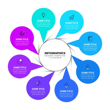 Simgeli ve 8 basamaklı bilgi şablonu. İş akışı düzeni, diyagram, pankart, web tasarımı için kullanılabilir. Vektör illüstrasyonu