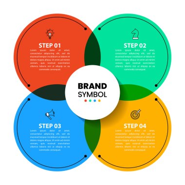 Simgeli bilgi şablonu ve 4 seçenek veya adım. Çember olun. İş akışı düzeni, diyagram, pankart, web tasarımı için kullanılabilir. Vektör illüstrasyonu