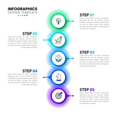 Simgeli bilgi şablonu ve 5 seçenek veya adım. İş akışı düzeni, diyagram, pankart, web tasarımı için kullanılabilir. Vektör illüstrasyonu