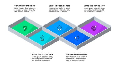 Simgeli bilgi şablonu ve 5 seçenek veya adım. İş akışı düzeni, diyagram, pankart, web tasarımı için kullanılabilir. Vektör illüstrasyonu