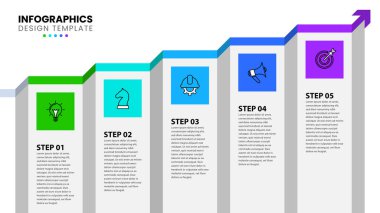 Simgeli bilgi şablonu ve 5 seçenek veya adım. Büyüyen ok. İş akışı düzeni, diyagram, pankart, web tasarımı için kullanılabilir. Vektör illüstrasyonu