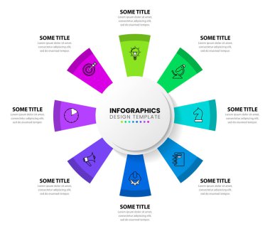 Simgeli ve 8 basamaklı bilgi şablonu. Çember olun. İş akışı düzeni, diyagram, pankart, web tasarımı için kullanılabilir. Vektör illüstrasyonu