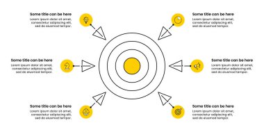Simgeli ve 6 basamaklı bilgi şablonu. Dartboard. İş akışı düzeni, diyagram, pankart, web tasarımı için kullanılabilir. Vektör illüstrasyonu