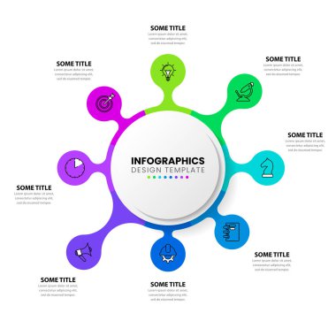 Simgeli ve 8 basamaklı bilgi şablonu. Soyut sıçrama. İş akışı düzeni, diyagram, pankart, web tasarımı için kullanılabilir. Vektör illüstrasyonu