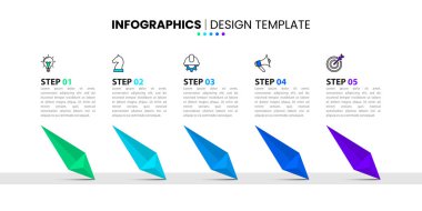 Simgeli bilgi şablonu ve 5 seçenek veya adım. Oklar. İş akışı düzeni, diyagram, pankart, web tasarımı için kullanılabilir. Vektör illüstrasyonu