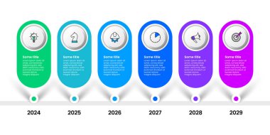 Simgeli ve 6 basamaklı bilgi şablonu. Zaman çizelgesi. İş akışı düzeni, diyagram, pankart, web tasarımı için kullanılabilir. Vektör illüstrasyonu