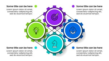 Simgeli bilgi şablonu ve 4 seçenek veya adım. Dişliler. İş akışı düzeni, diyagram, pankart, web tasarımı için kullanılabilir. Vektör illüstrasyonu